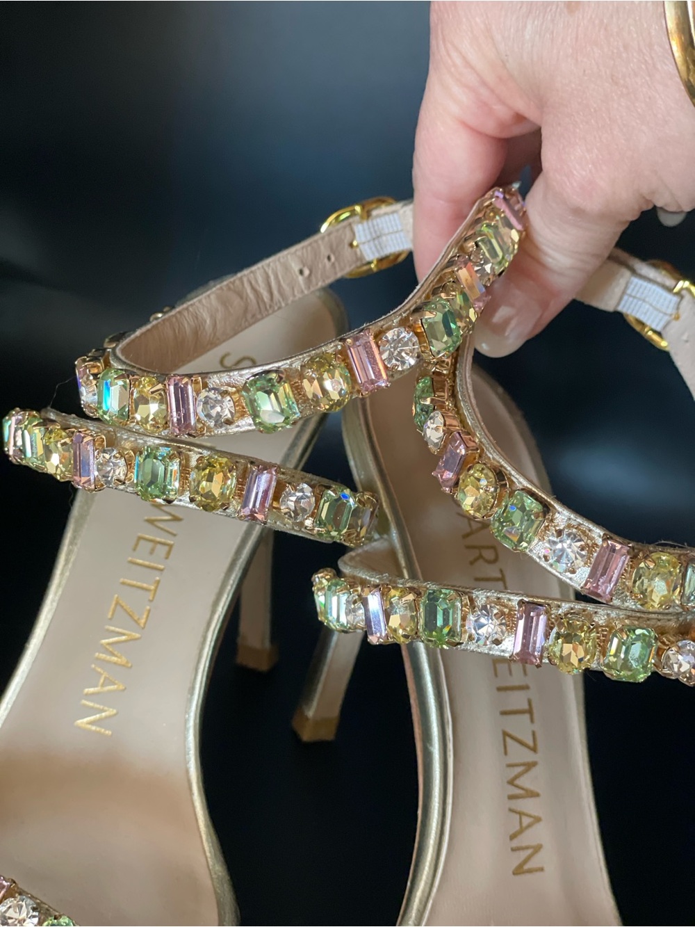 Stuart Weitzman Jaide 100 Gem Encrusted Metallic Sandal Gold Size 5 - Picture 3 of 7